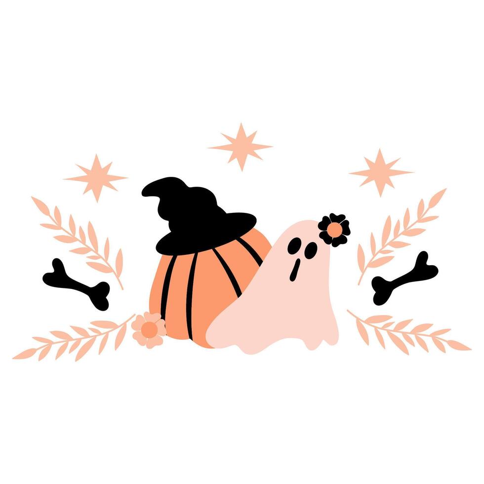 Hand drawn ghost and pumpkin surrounded by twigs and stars illustration on white background vector