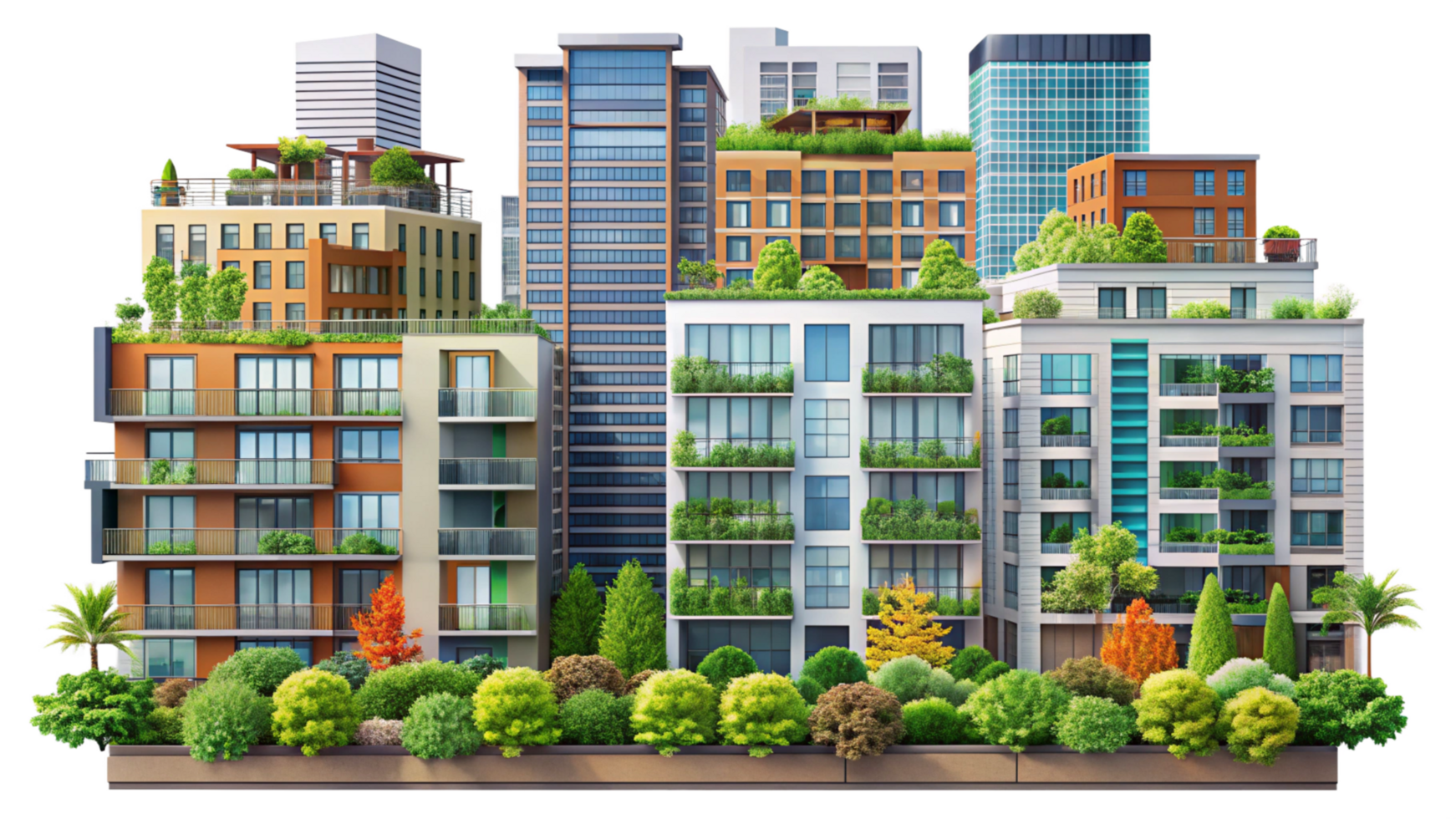 Simple Urban Buildings with Greenery and Sustainable Design isolated on transparent background png