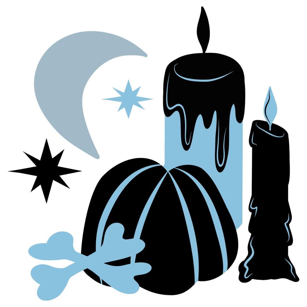 Candles, moon, pumpkin, bones composition, bundle, hand drawn illustration vector