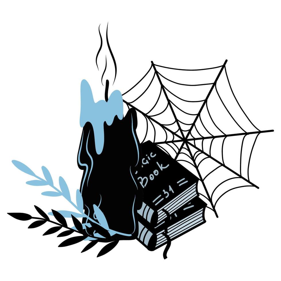 Candle with magic books and spider web illustration on white background, hand drawn composition, blue color clipart vector