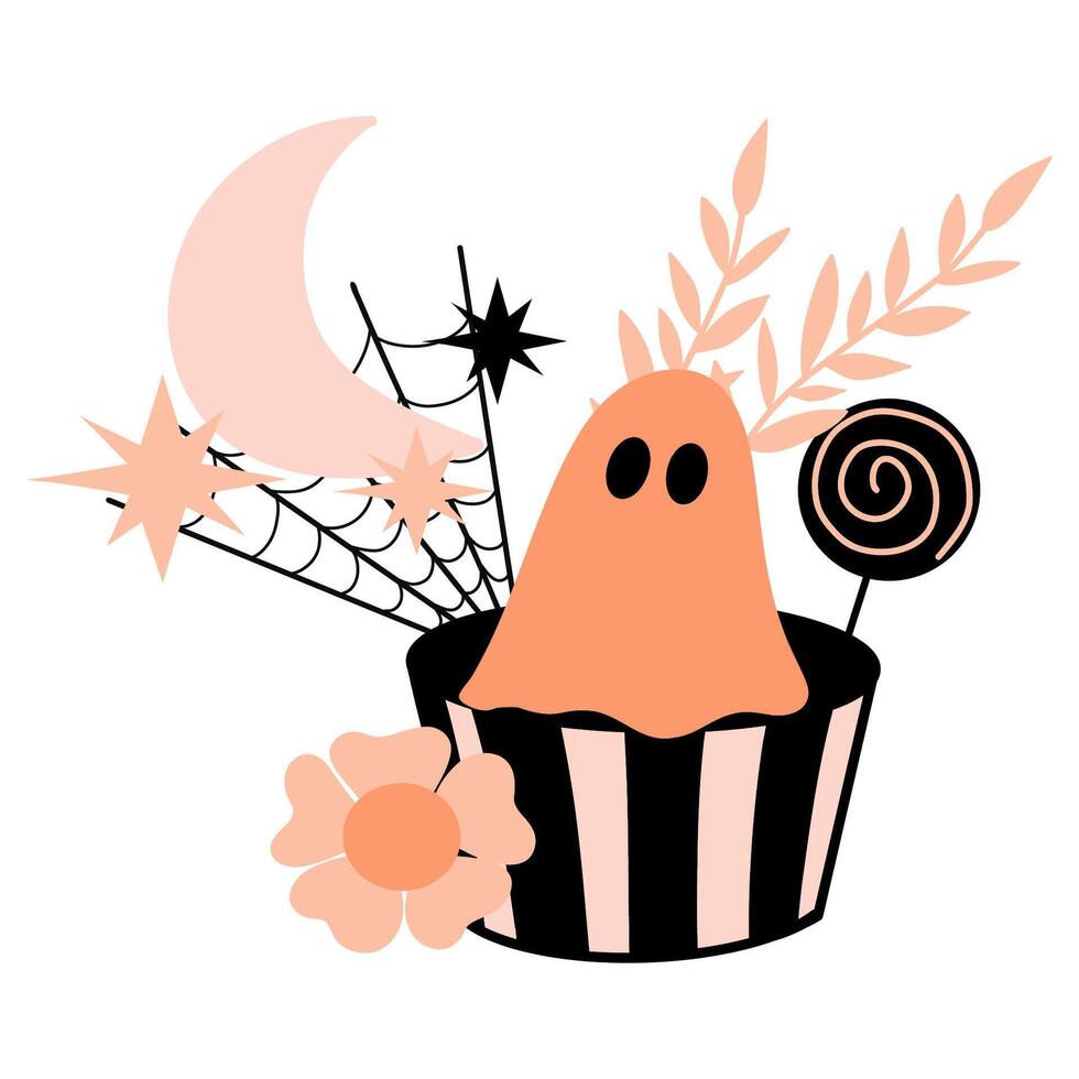 Ghost in a basket with cobweb, twigs and candy illustration vector