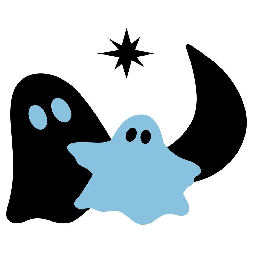Ghosts with moon and stars illustration on white background, hand drawn illustration vector