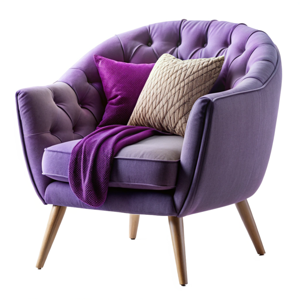 Purple Single armchair with round pillow and blanket isolated on transparent background png