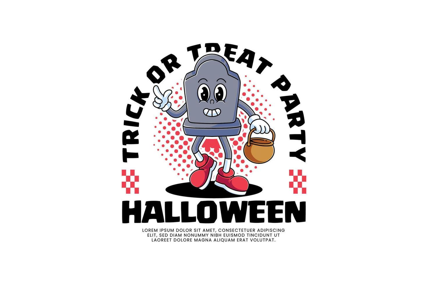 cute tombstone, gravestone, headstone, rest in peace stone retro cartoon character mascot illustration with walking pose and holding a cauldron for halloween party event mascot and merchandise vector