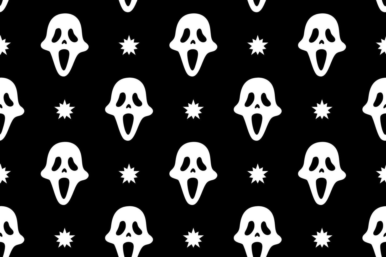 skull face with star seamless pattern background for print on textile, wrapping,banner, card. bogeyman face, scary ghost old school pattern on black background. groovy white spooky ghost face pattern vector