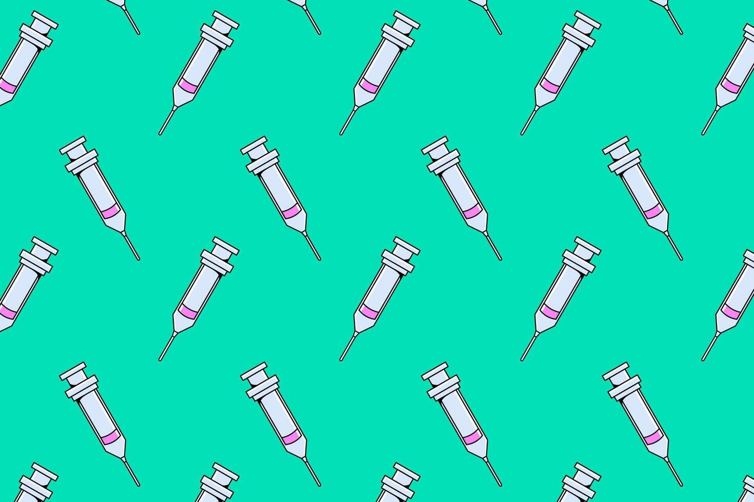 injection with pink liquid colorful pattern on green background. doodle injection medical symbol seamless pattern background. funny injection medic seamless pattern for decor and merchandise vector
