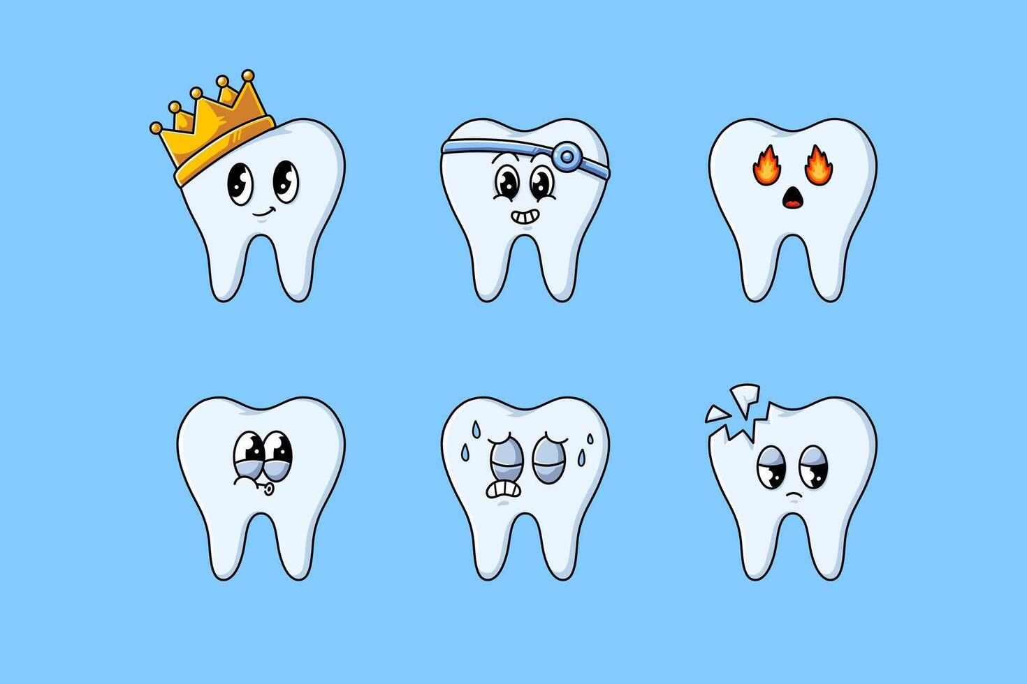 set of cute tooth cartoon character mascot illustration with different facial expressions emoticons for dentist mascot and merchandise vector