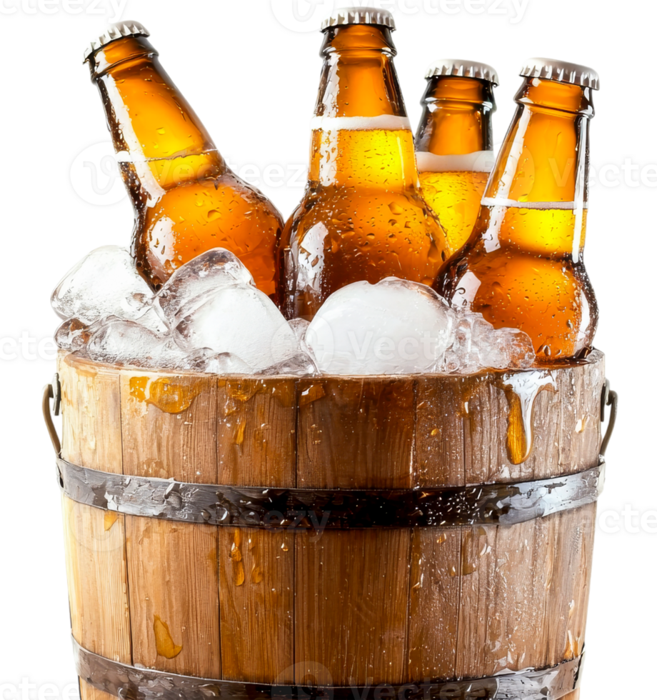 Beer bottles in a wooden bucket with ice png