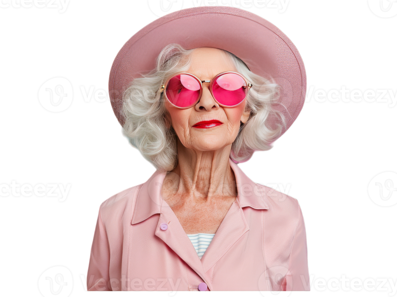 An older woman wearing pink sunglasses and a pink hat png