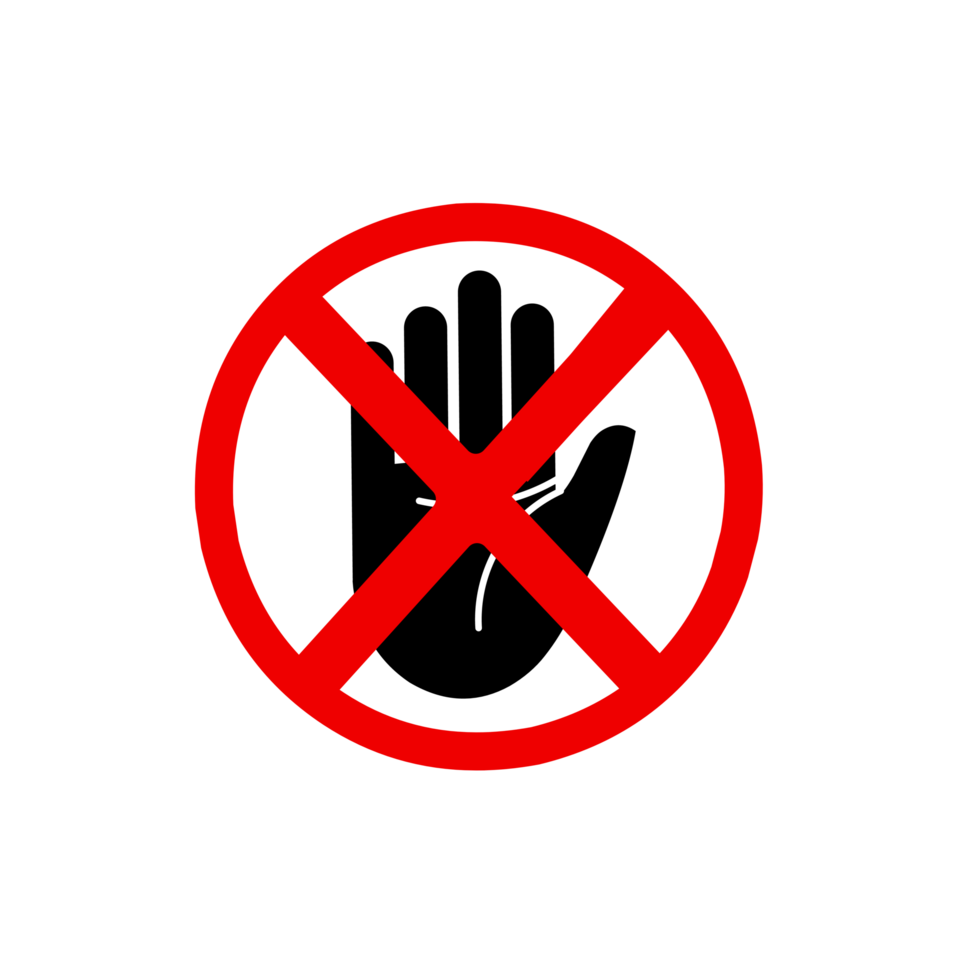 Stop hand or no entry area sign red prohibited ban symbol in red and black color. Stop sign. No entry. Black arm in a red crossed circle. Stop hand symbol for prohibited activities png