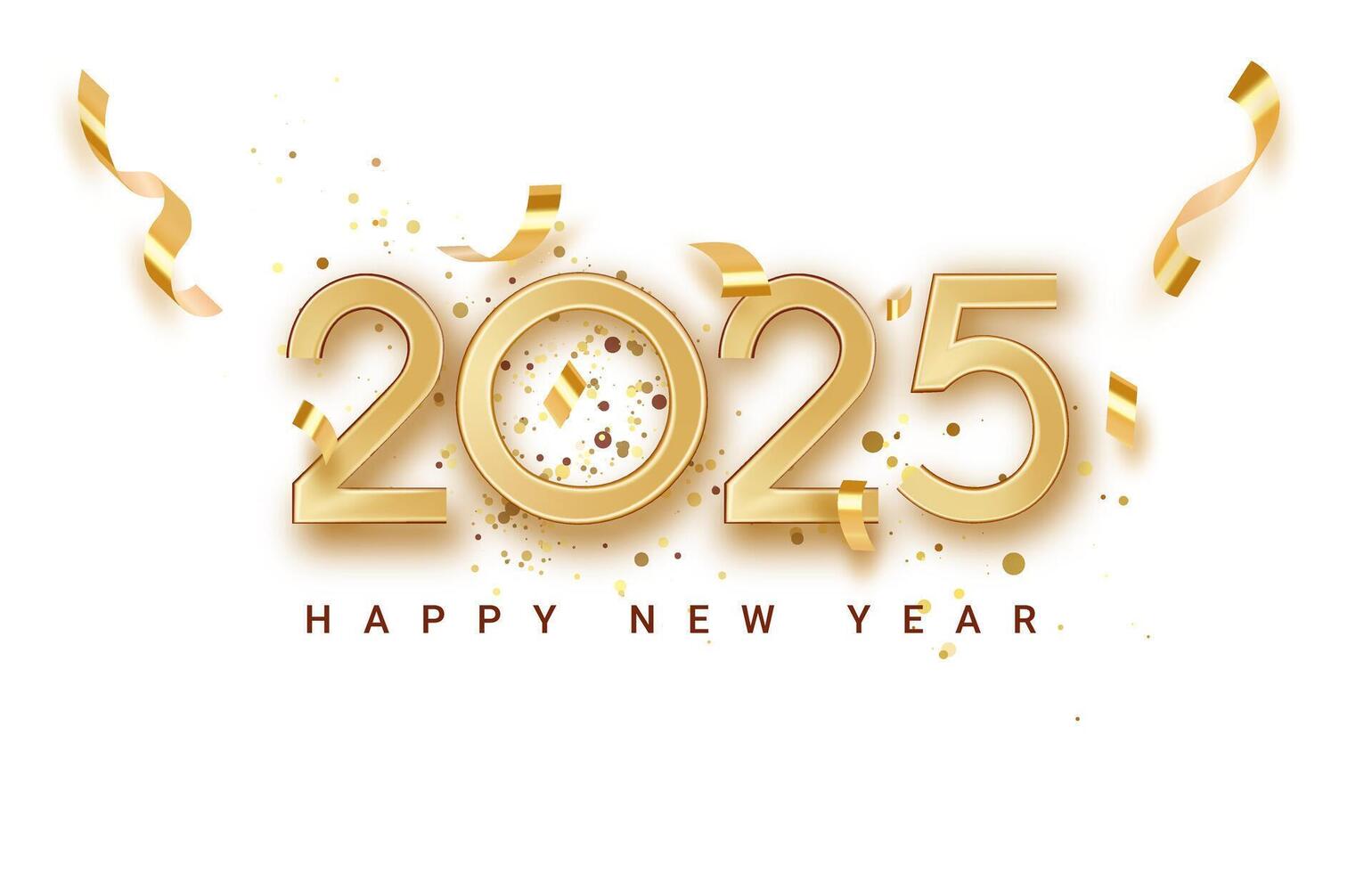 Happy new year 2025 Golden numbers with confetti and ribbons on white background. Elegant festive Holiday greeting card design. Celebration New Year's Eve. Christmas Holiday illustration. vector
