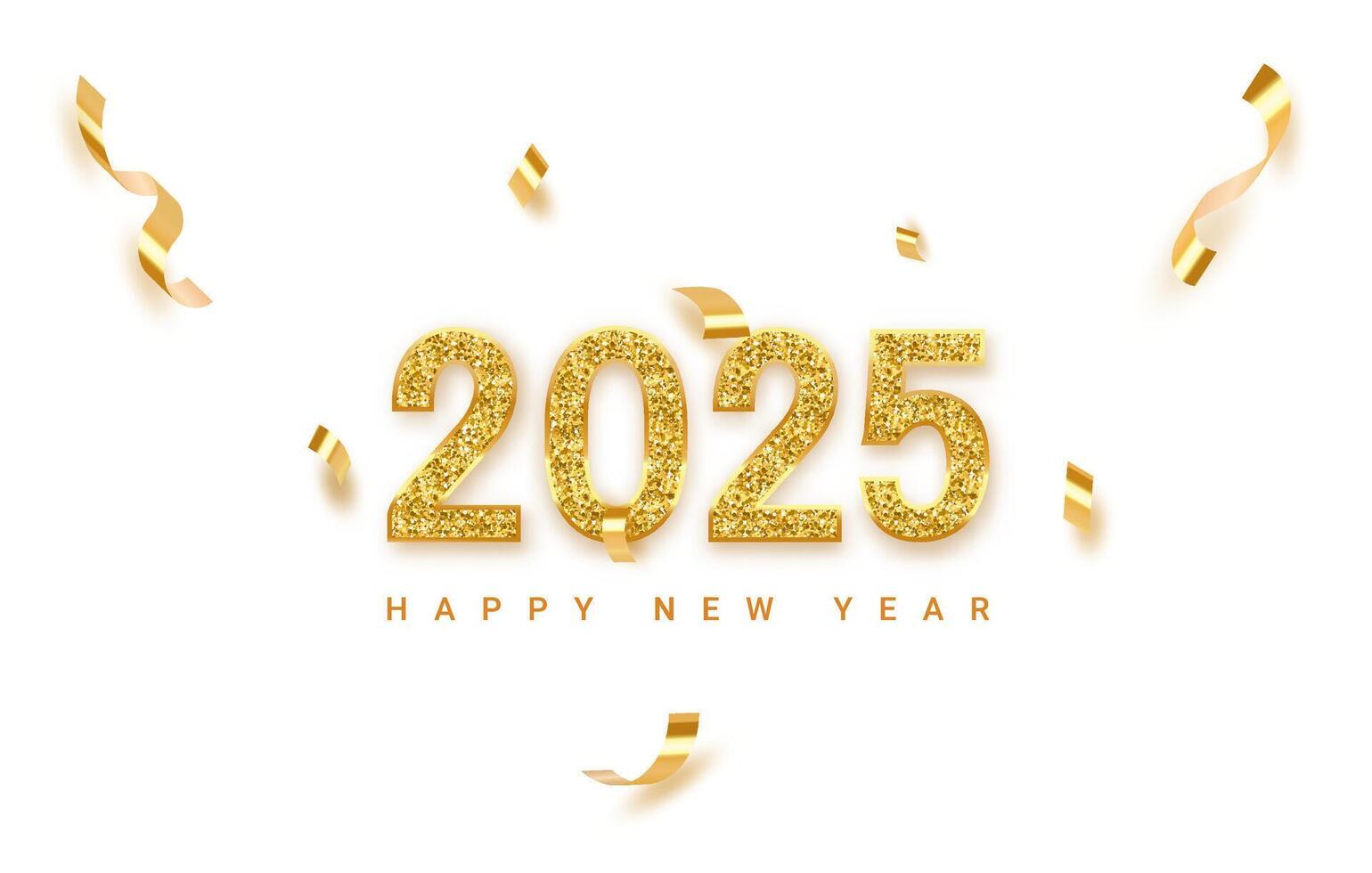 2025. Happy new year banner with 2023 gold glitter numbers on bright background with Flying Confetti. Banner For Christmas and winter holiday headers, party flyers. Realistic 3d illustration vector