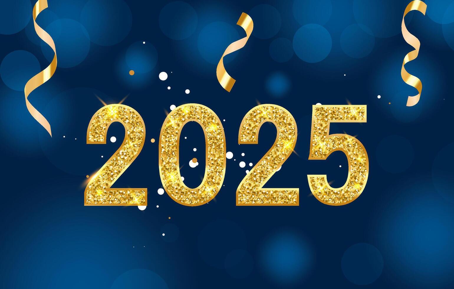 Happy New Year 2025. New year greeting card on beautiful dark blue background with gold sparkling confetti and ribbons. celebration poster, party invitation or calendar. vector