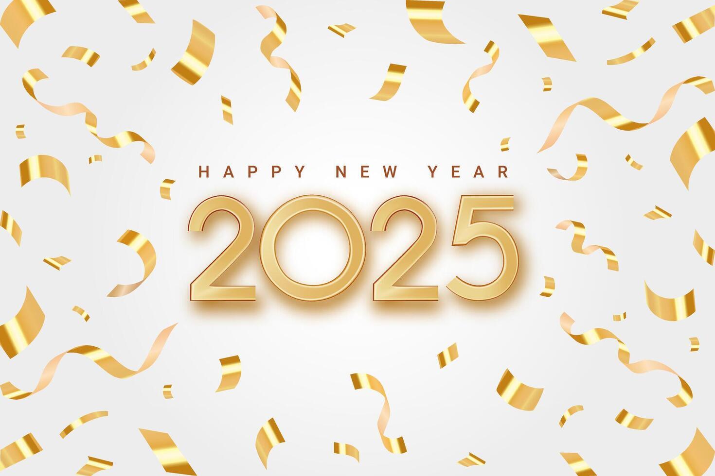Happy new year 2025 background banner. Elegant New Year celebration design with a splash of celebratory ornaments. New Year greeting and celebration. 3d realistic illustration vector