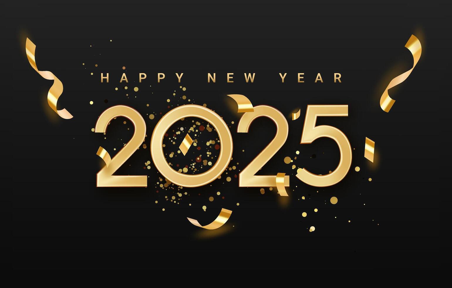 Happy New Year 2025. Golden 3D numbers with ribbons and confetti on black background. Realistic gold lettering New Year on 3d number 2025. Christmas Holiday illustration. vector