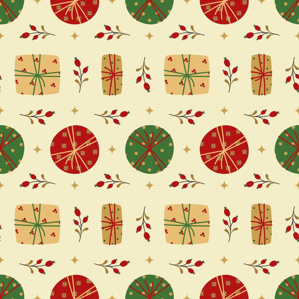 Seamless holiday template of different shaped gifts on light background. Illustration for wrapping paper, textile, cover, flyer, postcard. Christmas and New Year. vector