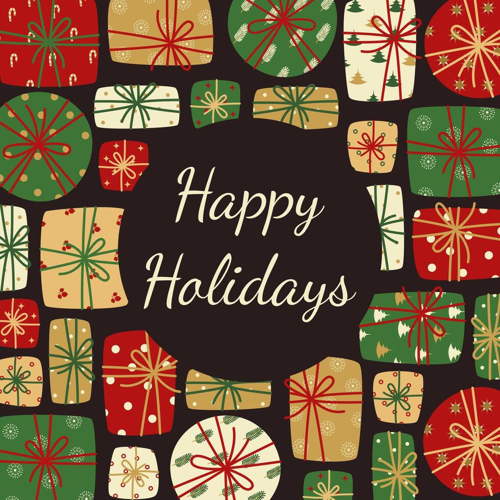 Merry Christmas greeting card. Wrapped gifts of different shapes on dark background. Illustration for greeting card, invitation, flyer. vector