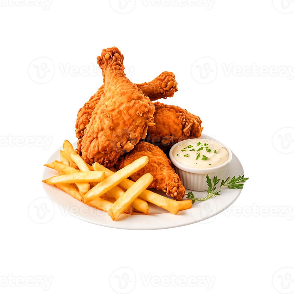 A plate of fried chicken and french fries transparent png