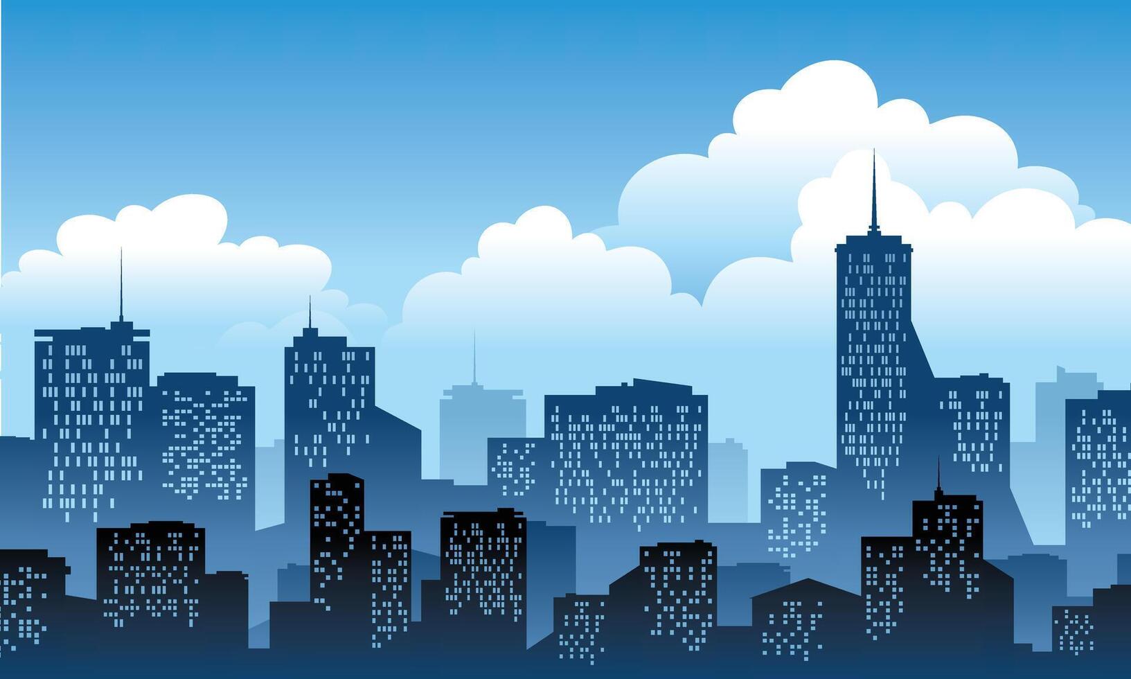 illustration of a bustling city skyline against a blue sky vector