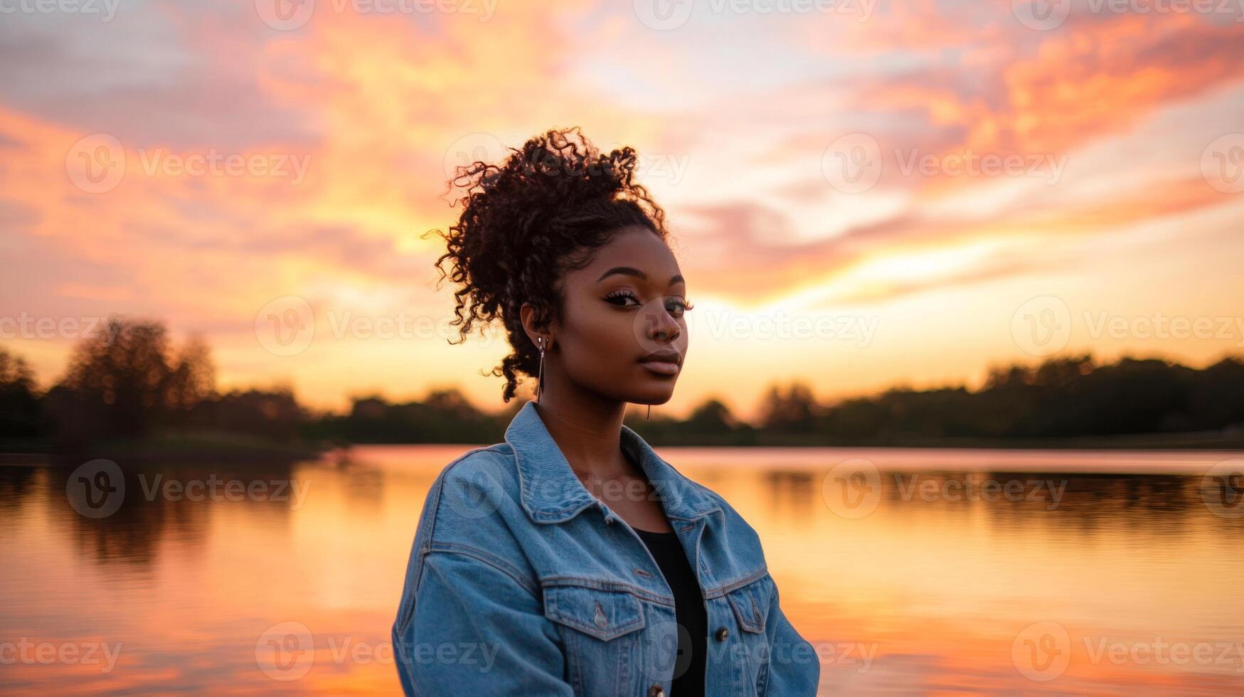 A young black woman stands calmly by the water, wearing a denim jacket. The sky is filled with brilliant hues of orange and pink as the sun sets, creating a serene atmosphere around her. photo