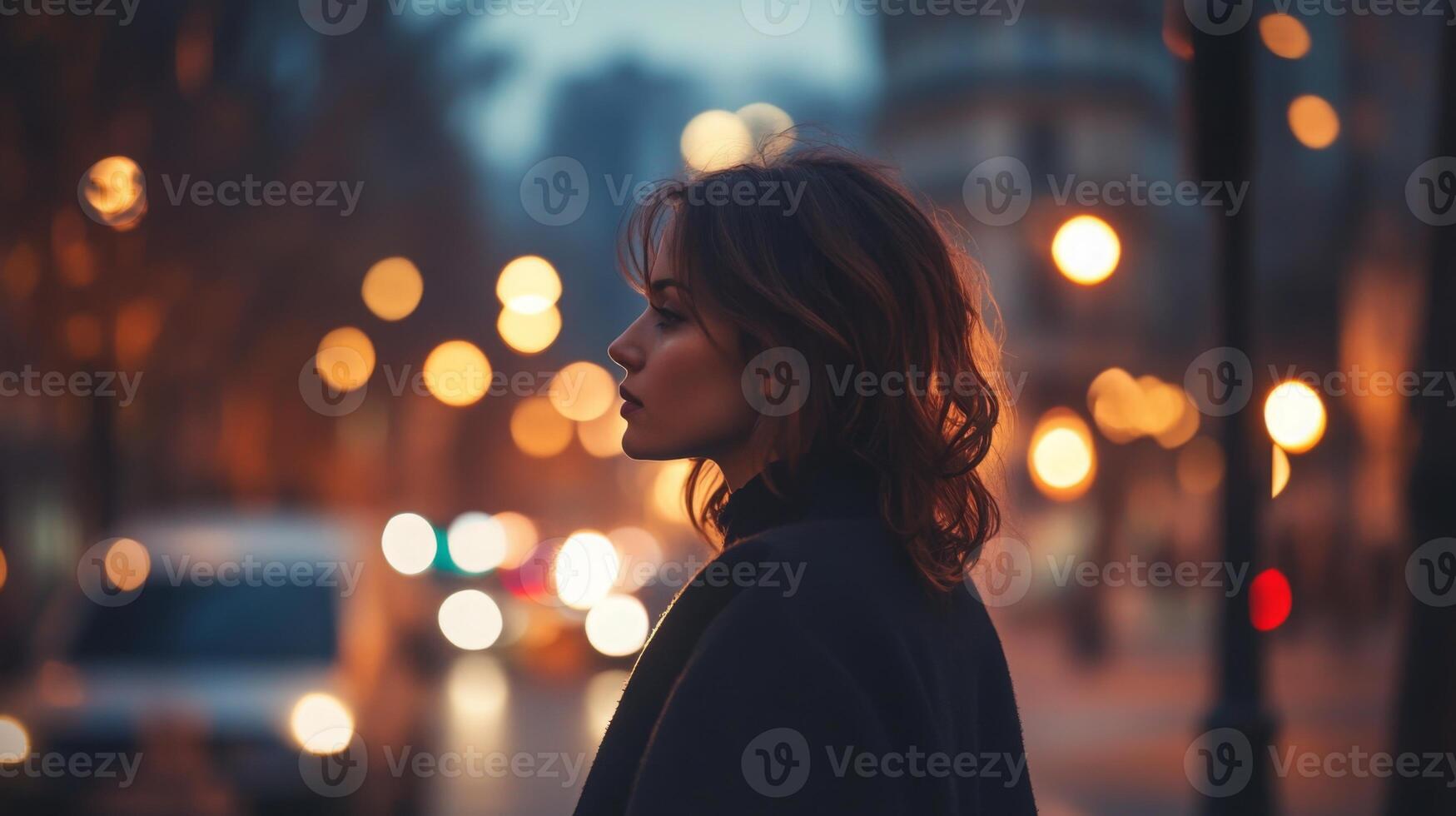 A woman stands on a bustling city street during twilight, her profile illuminated by warm streetlights. She appears deep in thought, surrounded by the soft glow of evening lights and moving cars. photo