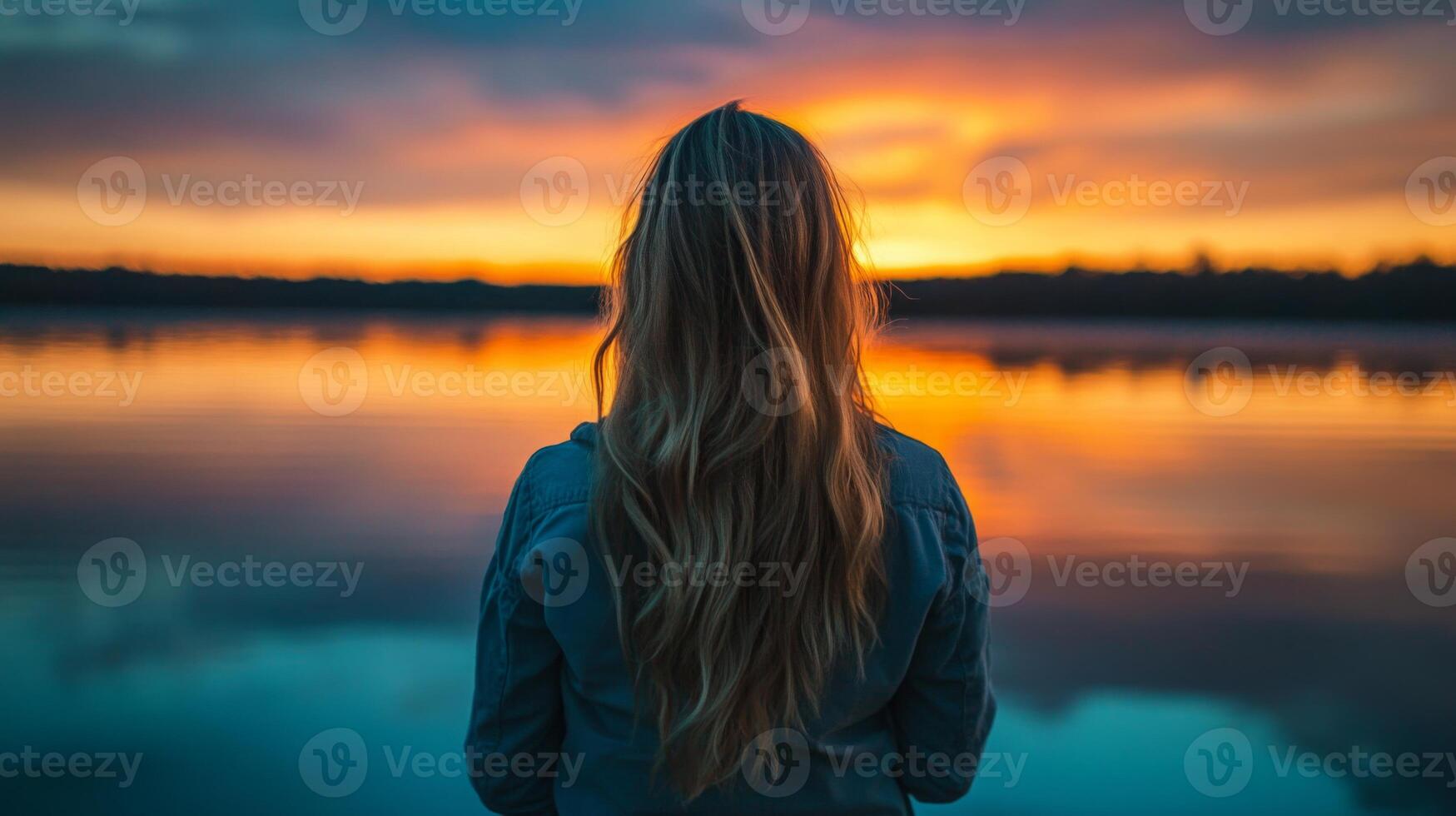 A woman with long hair gazes at a stunning sunset reflecting on a calm lake, surrounded by nature. The sky is painted with warm colors, creating a serene atmosphere as day transitions to night. photo