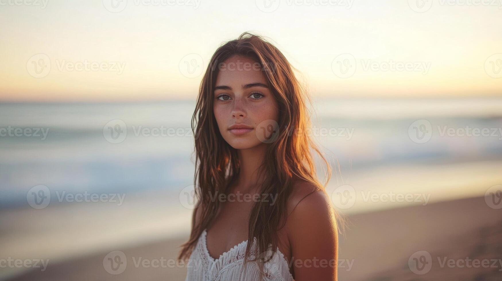 A young woman stands by the shore, gazing at the horizon as the sun sets, casting a warm glow over the beach and creating a peaceful ambiance with soft waves lapping gently at the sand. photo