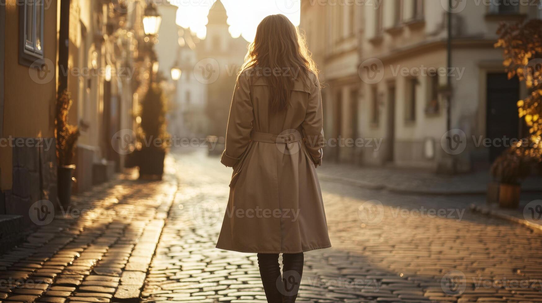 A woman dressed in a beige trench coat walks along a cobblestone street. The warm glow of sunset illuminates the historic buildings, creating a serene and picturesque atmosphere. photo