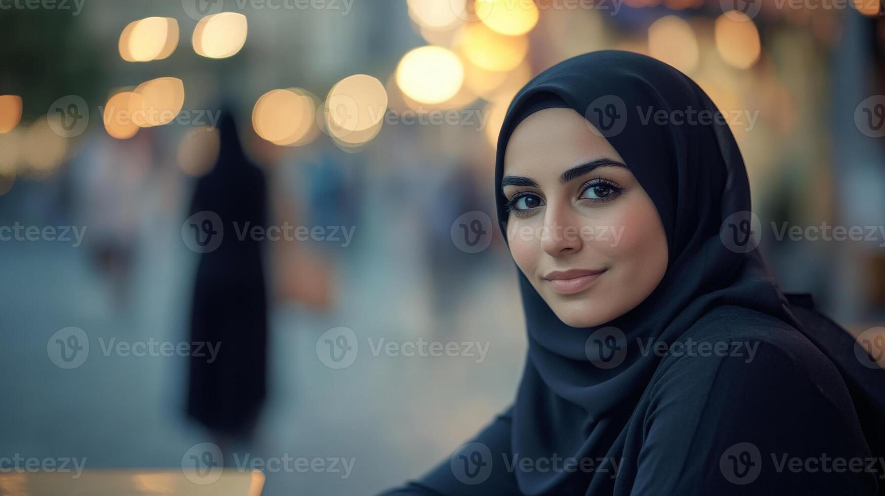A young arab woman wearing a hijab sits at a table, looking at the camera with a warm smile photo
