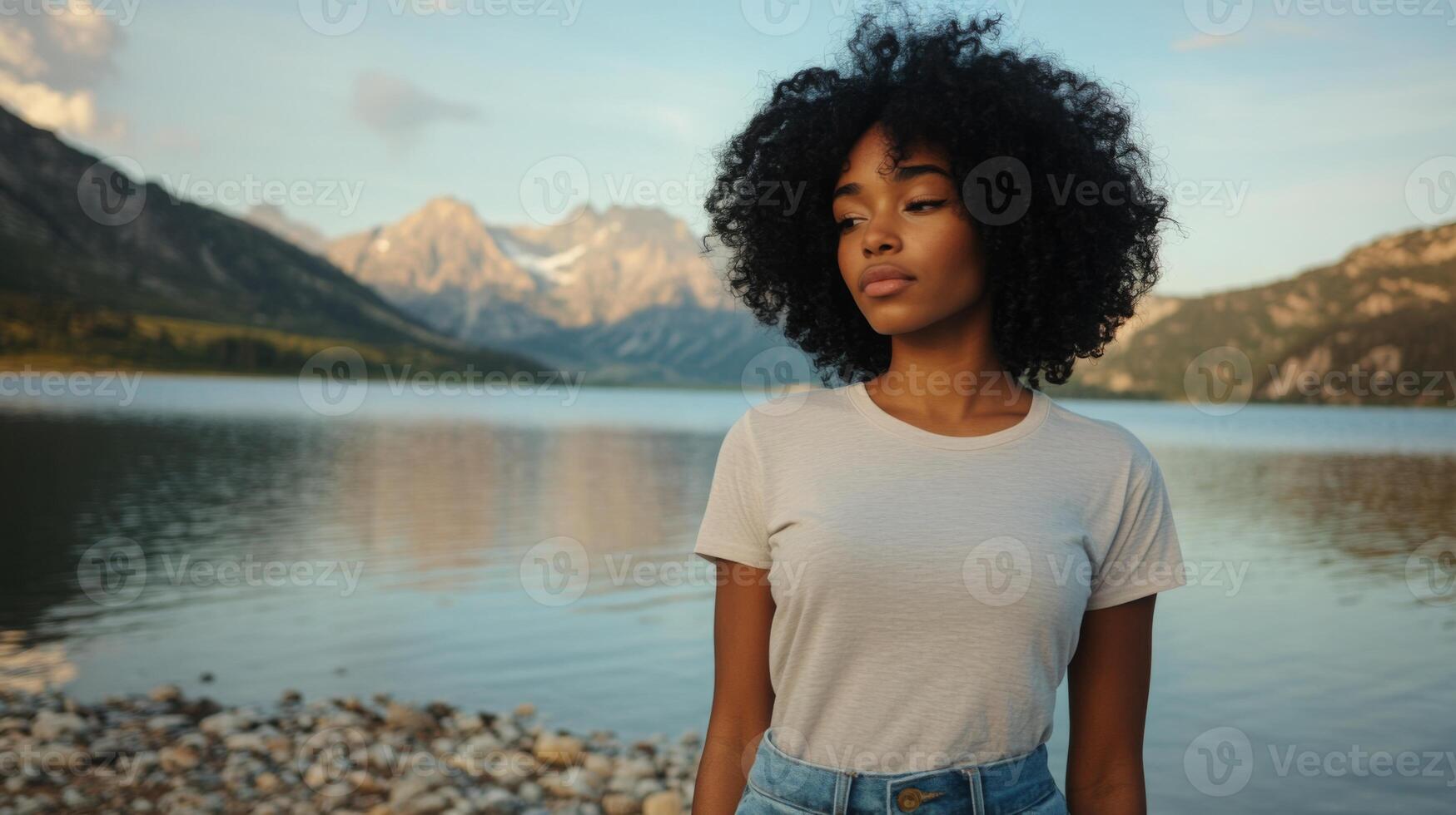 A young woman with curly hair gazes thoughtfully while standing by a peaceful mountain lake, surrounded by towering peaks. The warm light of sunset casts a beautiful atmosphere over the landscape. photo