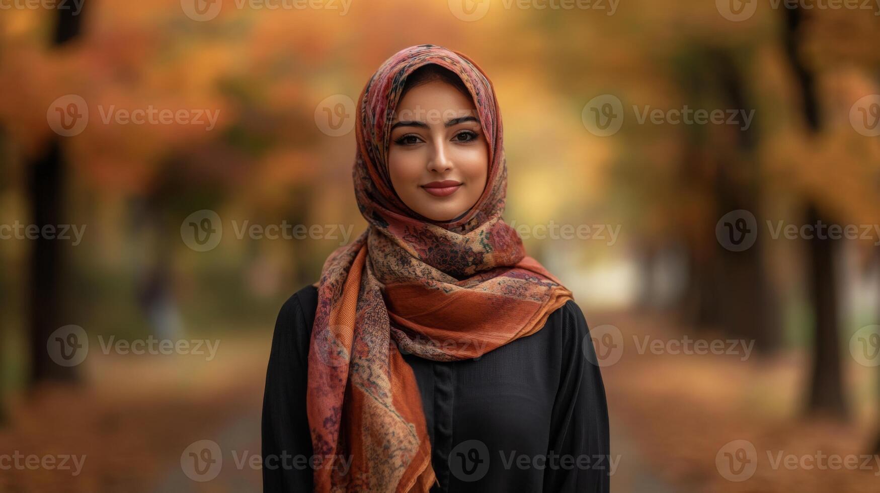 A young woman with a warm smile wears an intricately patterned hijab while standing in a park surrounded by vibrant autumn trees. The sun casts a golden light, enhancing the serene atmosphere. photo