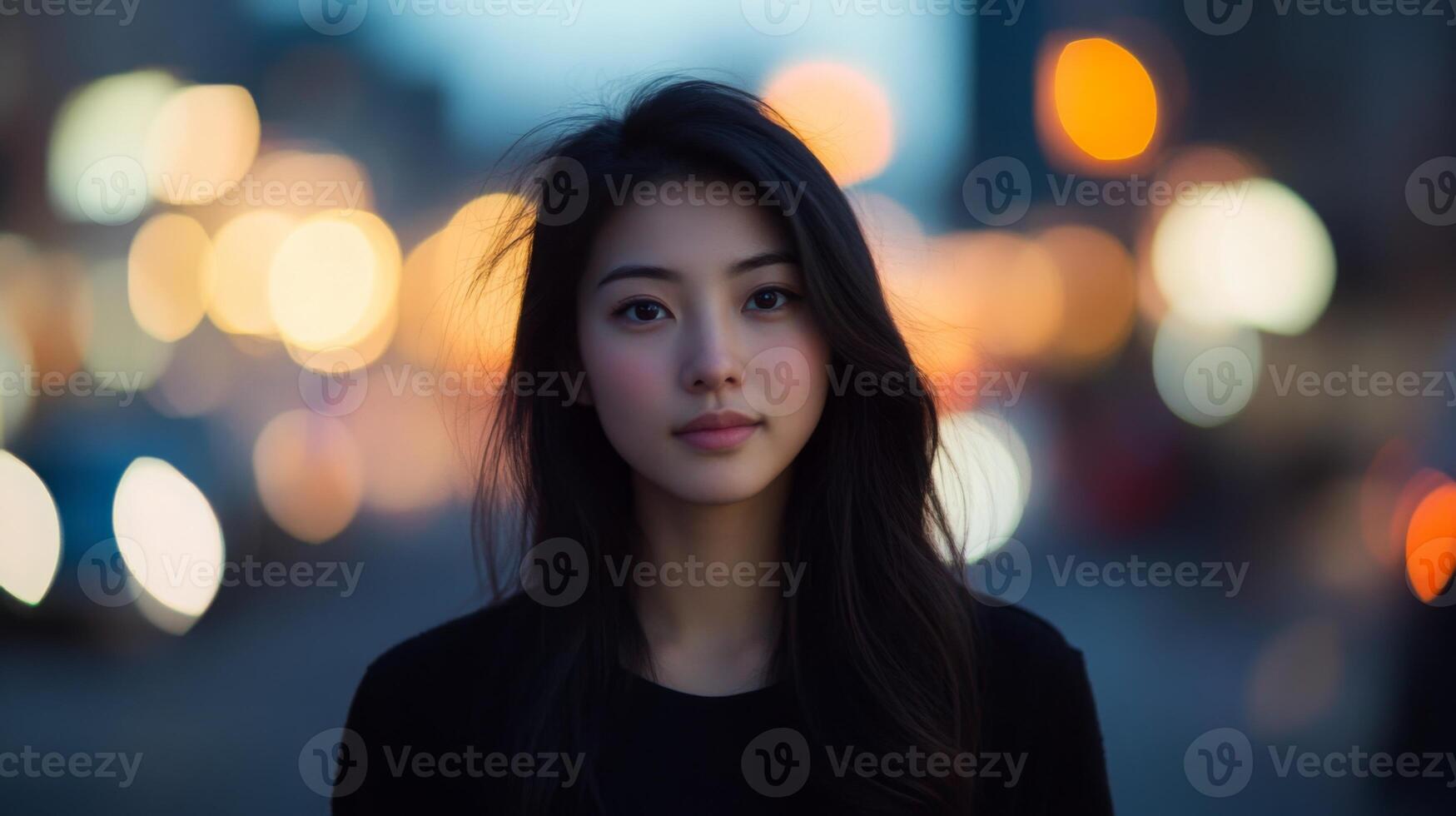 A young woman stands in an urban setting during dusk, exuding confidence as city lights create a colorful bokeh effect around her. The warm glow from the background enhances the atmosphere. photo