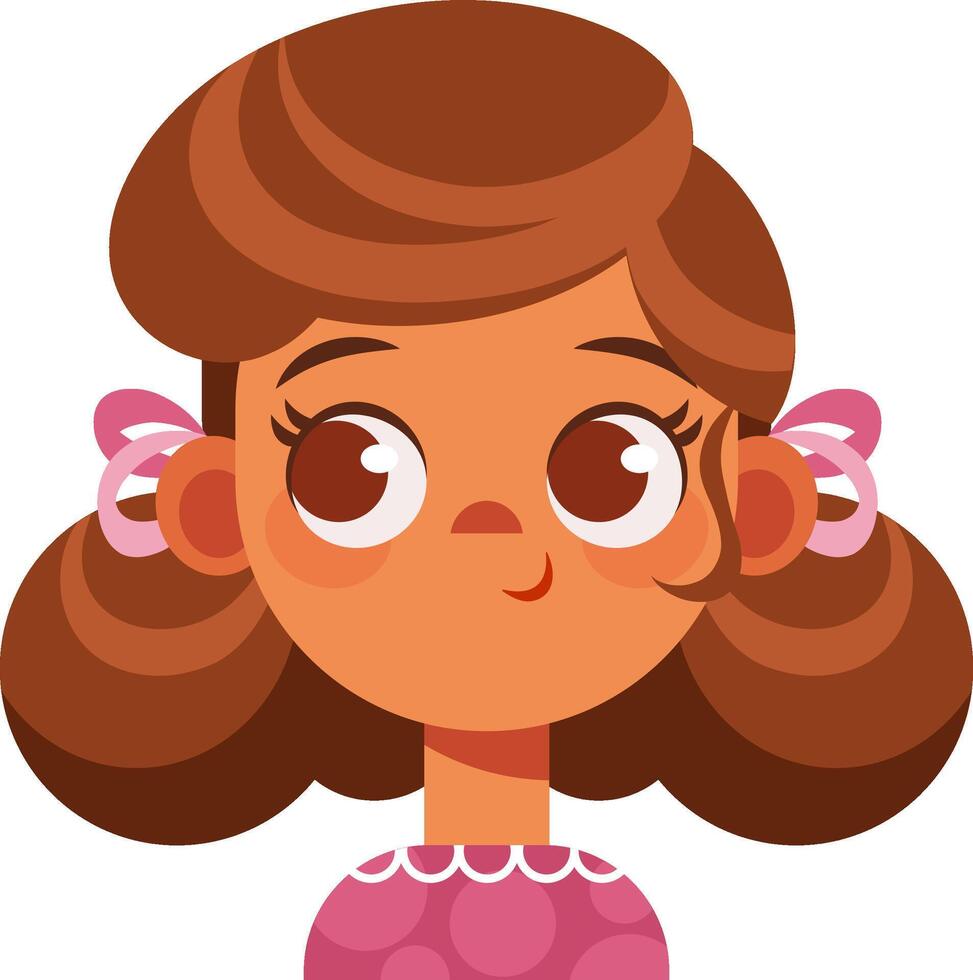 Emotion of a little girl. On the child's cute face there is smile, pleasure, joy, grin, satisfaction. Large head of a curly girl for set of stickers. vector