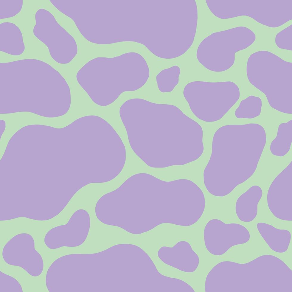 Spotted Seamless Pattern with Neon Violet Colored Abstract Shapes on Trendy Vibrant Green Background with Liquid Stains and Blots. Bright Minimal Aesthetic. Repeat illustration for Textile vector