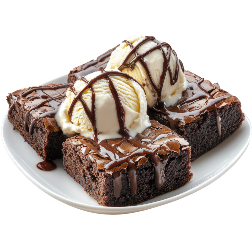 A plate of brownies with ice cream and chocolate sauce png