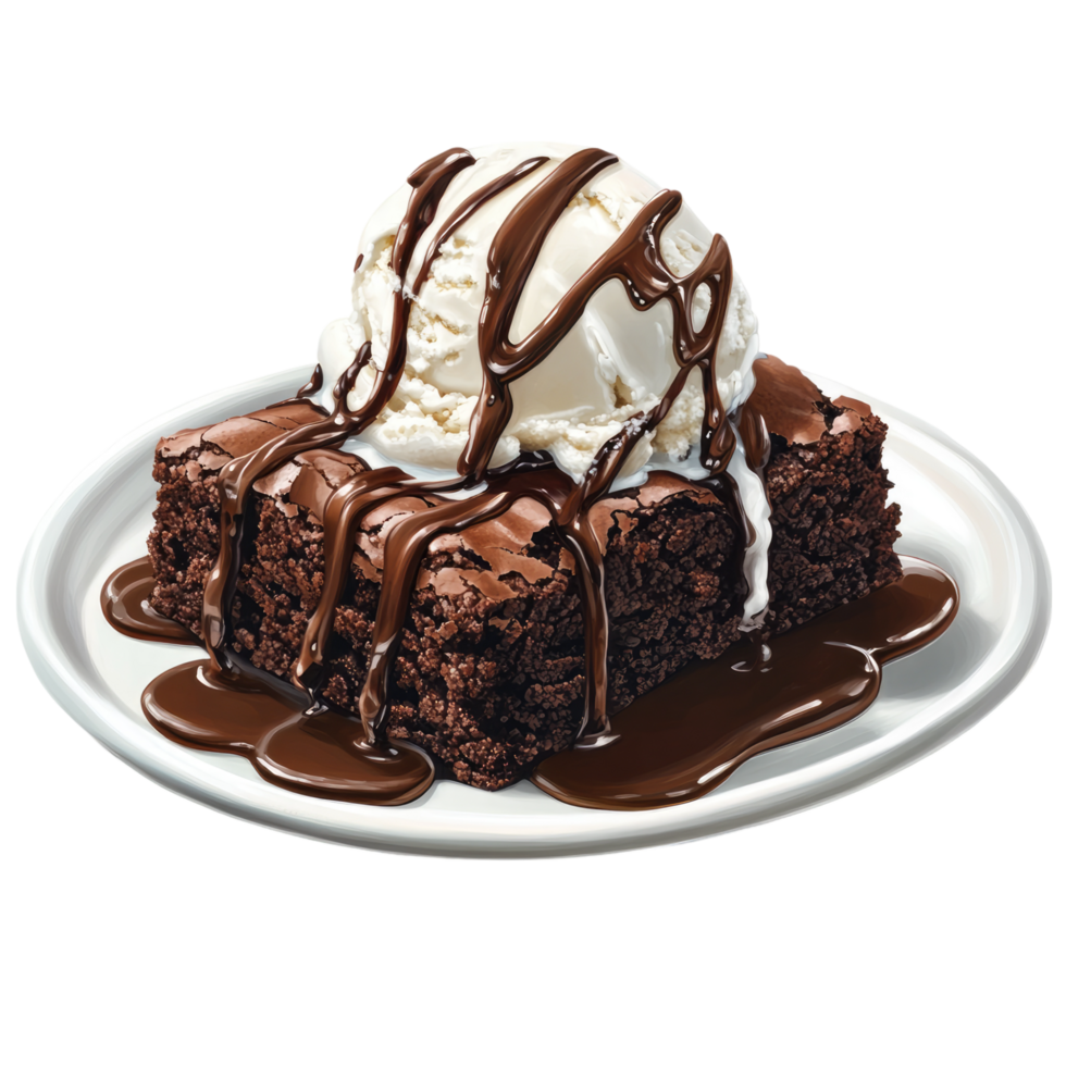 A brownie with ice cream and chocolate sauce png
