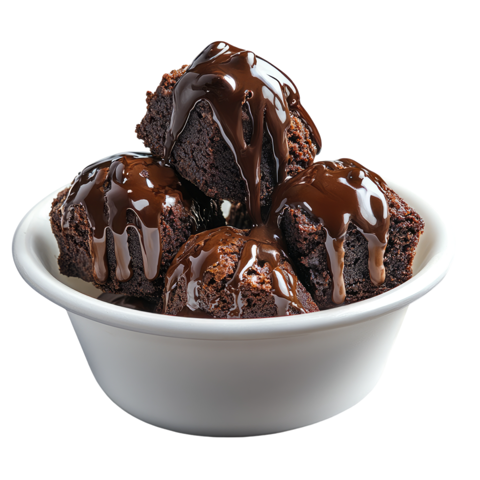 A bowl of brownies with chocolate sauce on top png