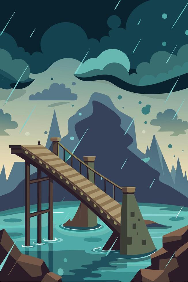 broken bridge sad atmosphere rain clouds vector