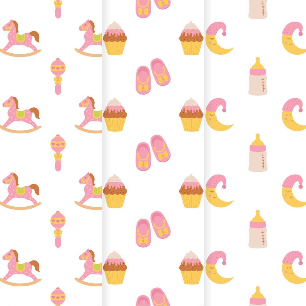 Baby shower set of seamless patterns. It's a girl. Seamless patterns with rocking horse, rattle, shoes, cupcake, feeding bottle, moon. vector