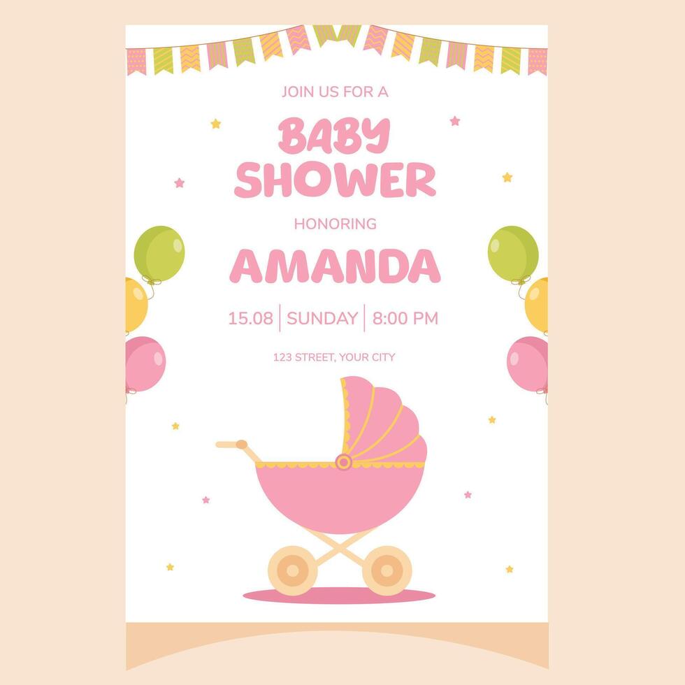 Baby shower party invitation. It's a girl. Invitation with baby carriage. Template for party invitation, poster, greeting card. vector
