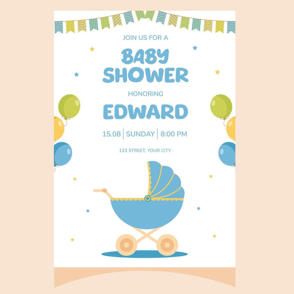 Baby shower party invitation. It's a boy. Invitation with baby carriage. Template for party invitation, poster, greeting card. vector