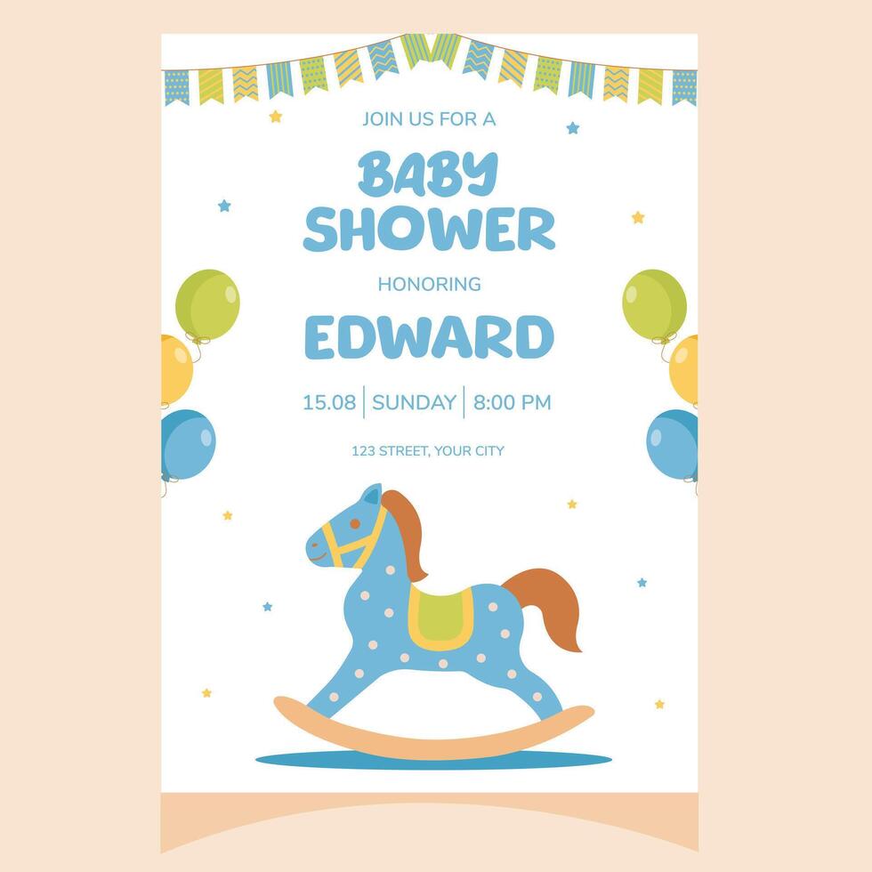 Baby shower party invitation. It's a boy. Invitation with rocking horse. Template for party invitation, poster, greeting card. vector
