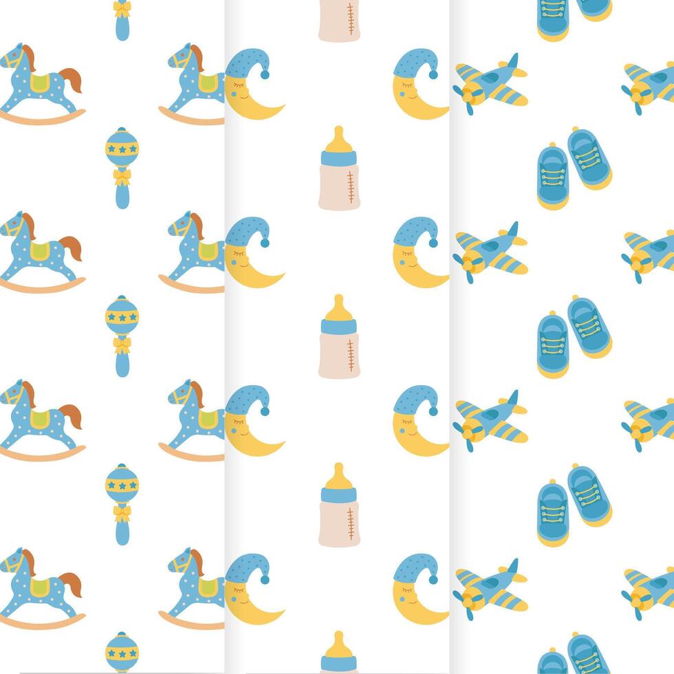Baby shower set of seamless patterns. It's a boy. Seamless patterns with rocking horse, rattle, shoes, airplane, feeding bottle, moon. vector
