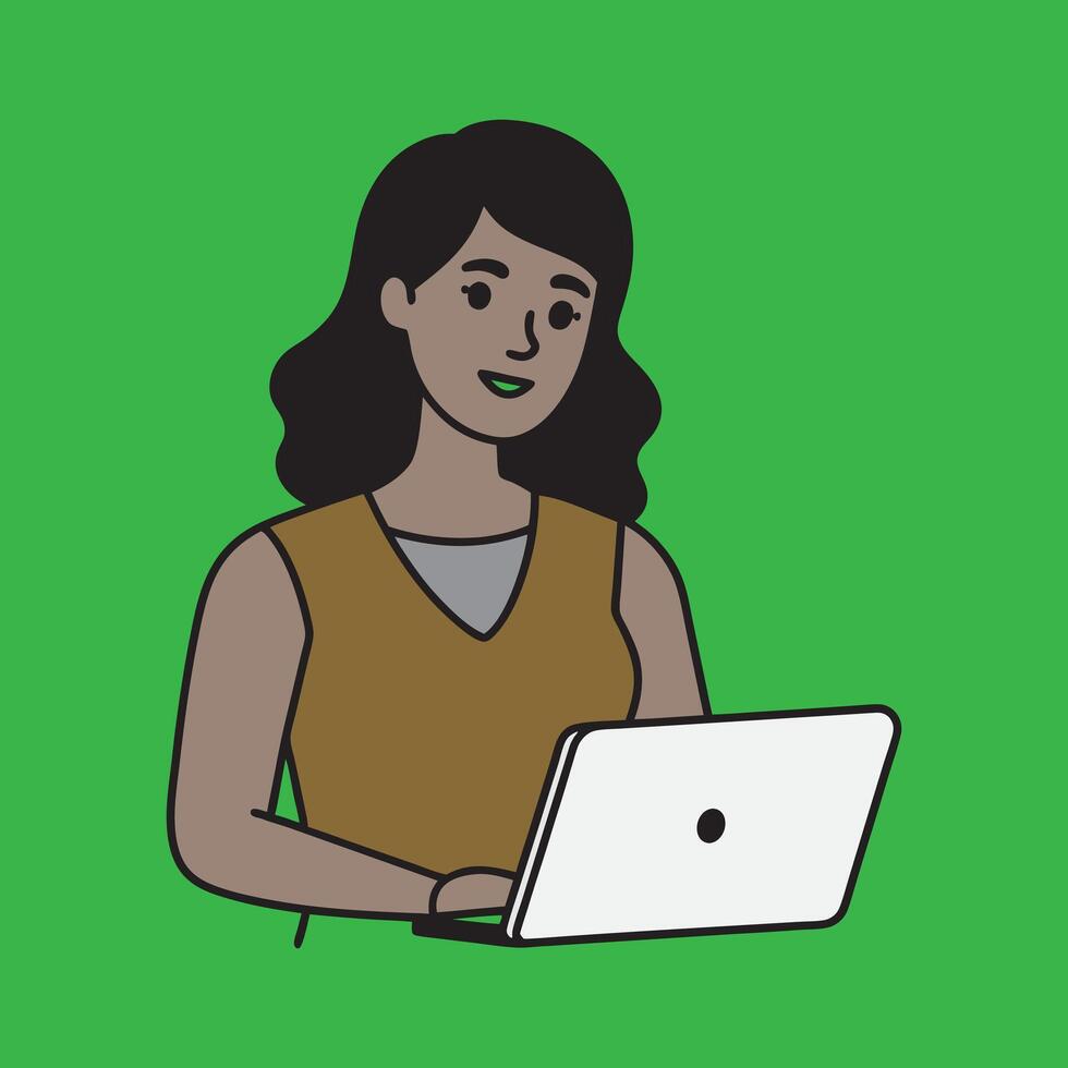 A girl works with a laptop vector
