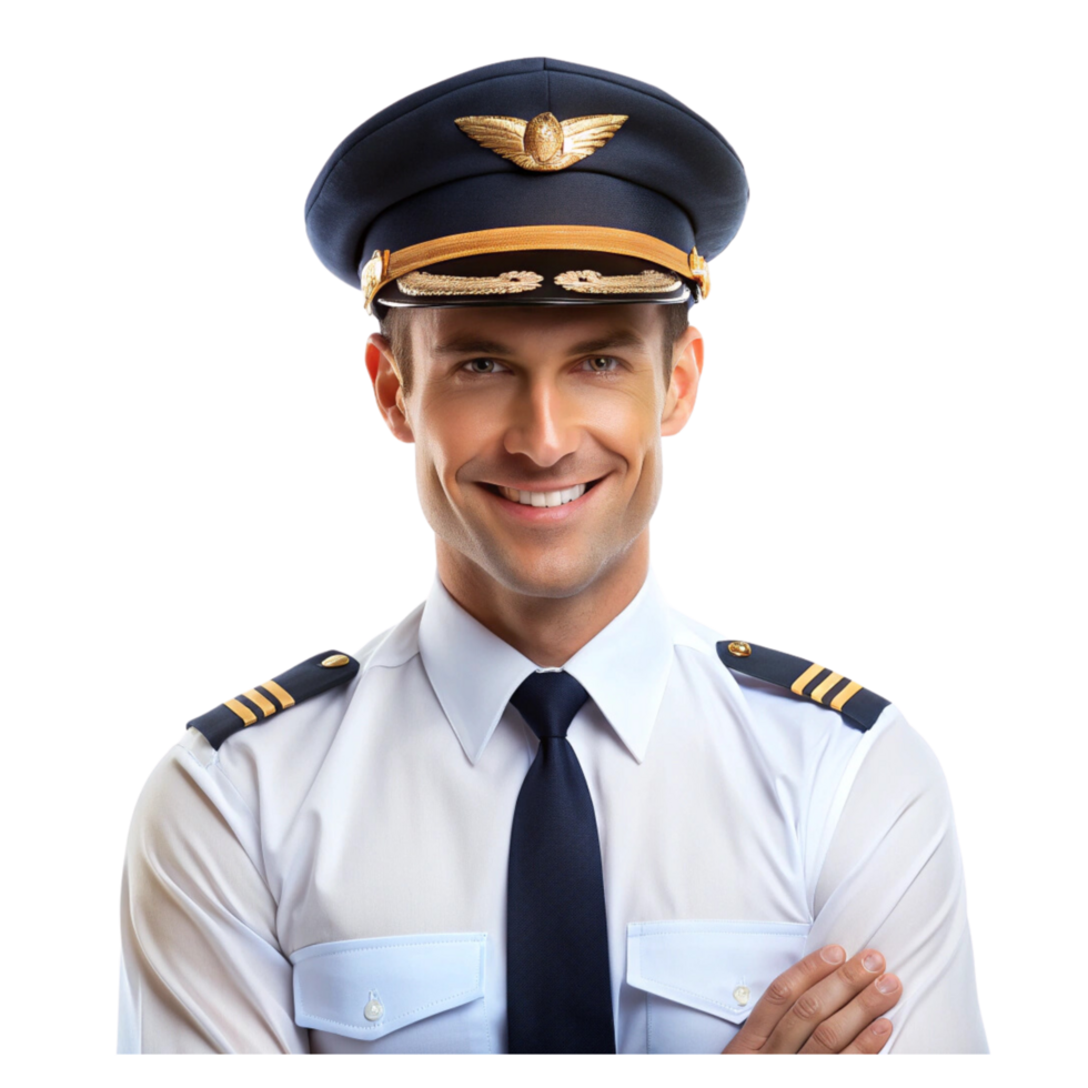 A smiling pilot in uniform with his arms crossed png