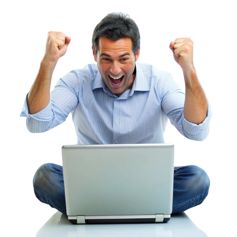 A man is sitting on the floor with his laptop and raising his arms png