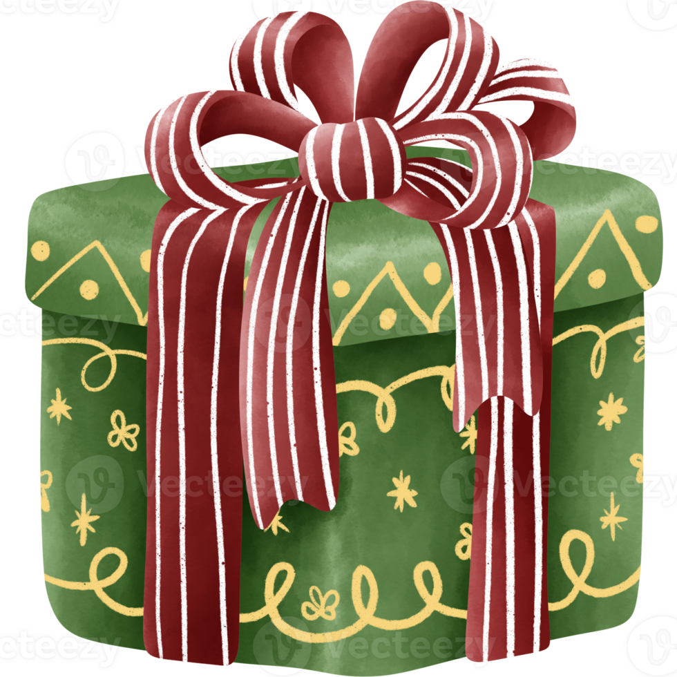 A classic Christmas gift wrapped in emerald green paper and tied with a cheerful red and white bow. Golden details add a touch of elegance. png