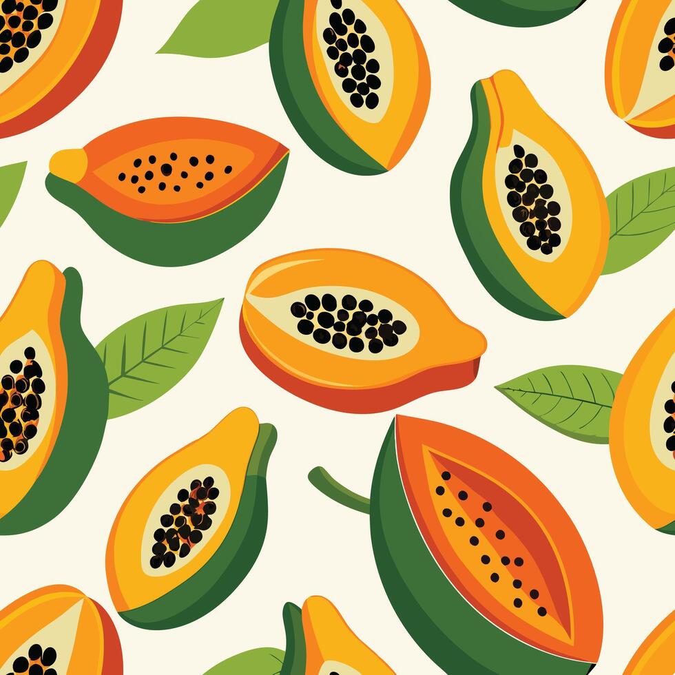 Seamless pattern of papaya fruit with leaves vector