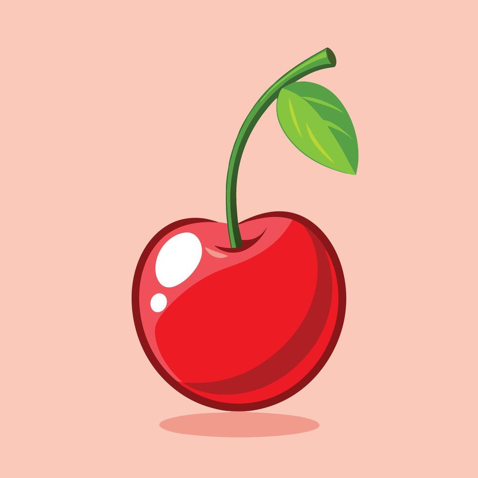 A red cherry with green leaves on a pink background vector