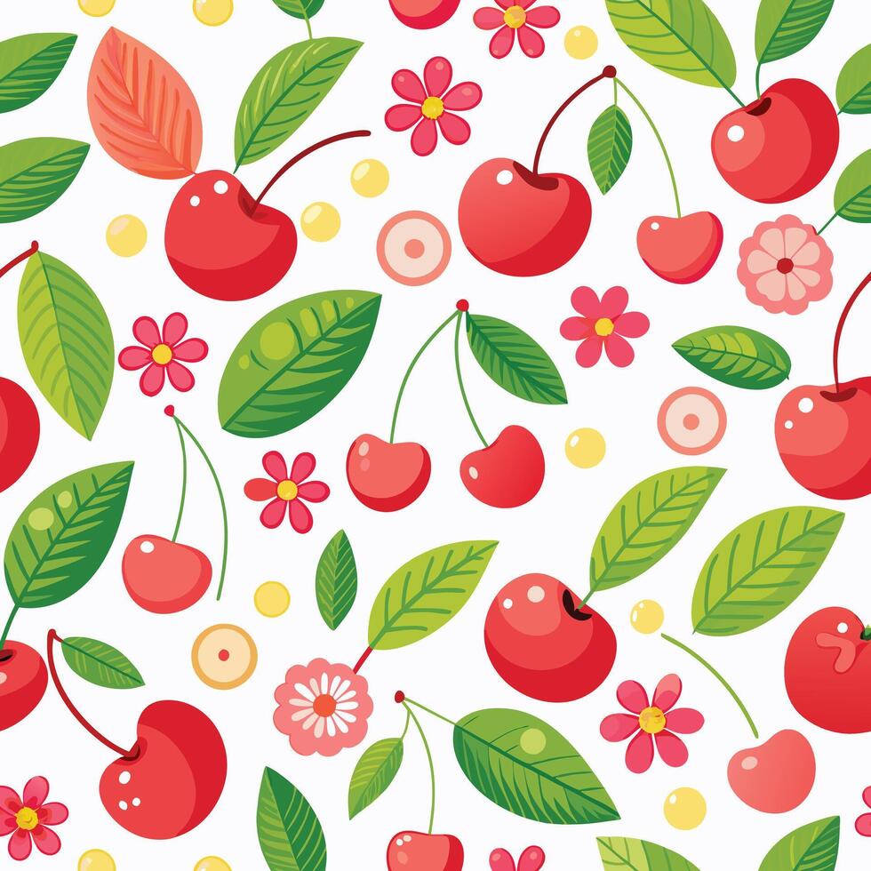 Cherry seamless pattern with cherries and leaves vector